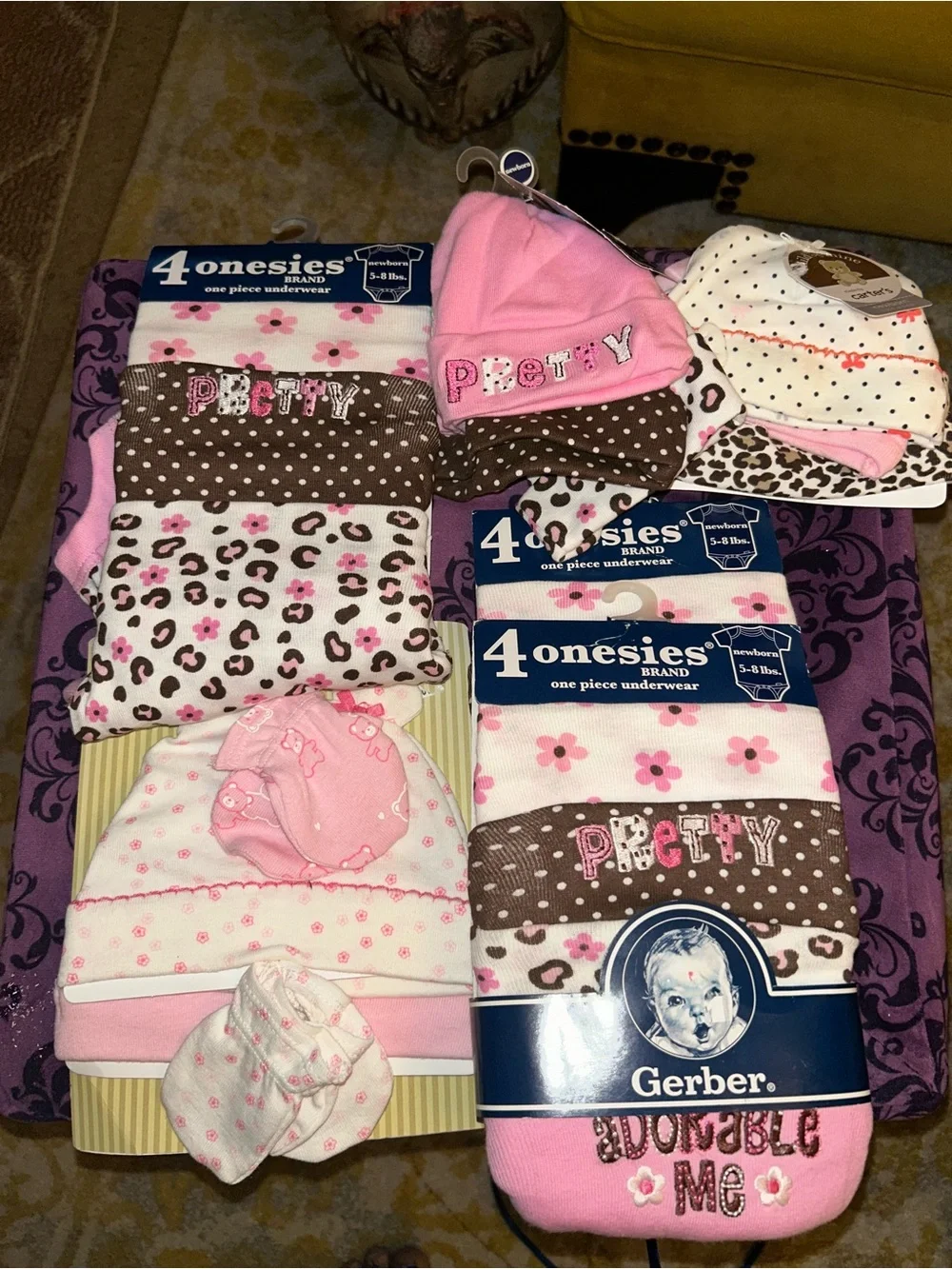 Carter's Pink, Brown & White Baby Onesies Set with Matching Hats